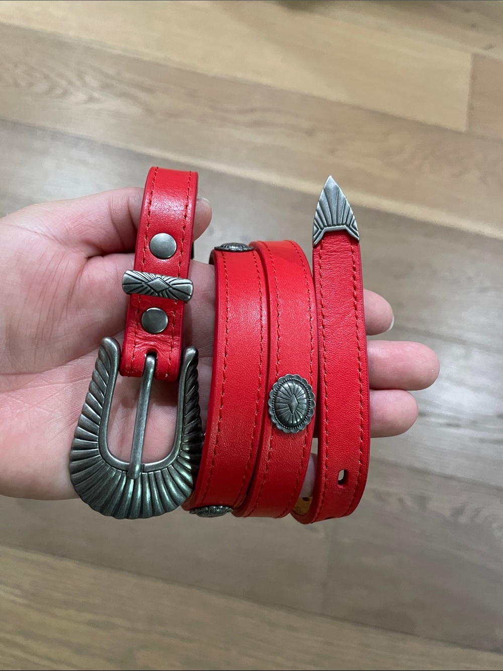 UO Redeal Leather Concho Skinny Western Belt With Silver Tone Sunburst Buckle